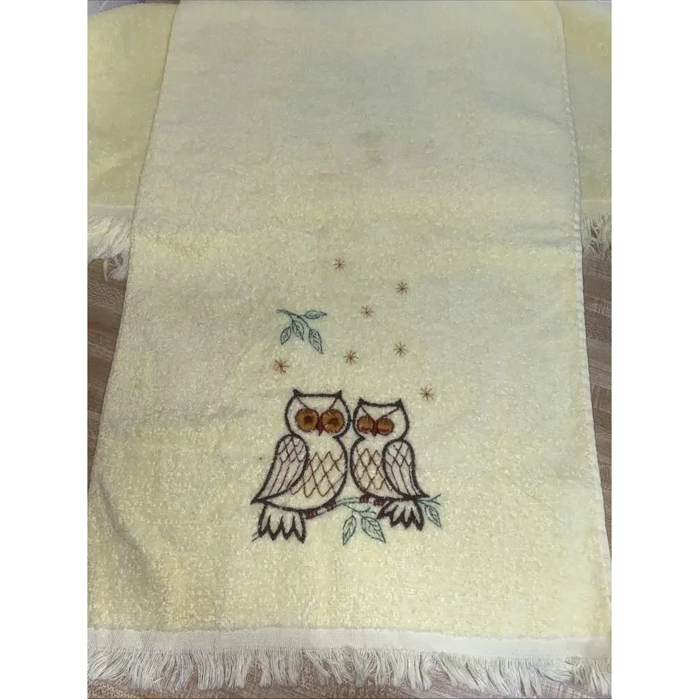 Vintage Cannon 4 Pc Yellow Towel Set Bath Hand Washcloth USA Owls Embroidered